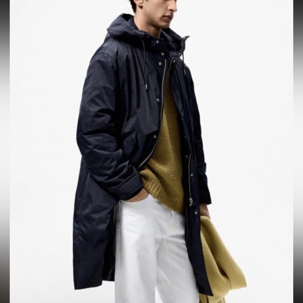 Zara Mens Fleece Parka Jacket | Detachable Lining Convertible 2in1 Size S Navy